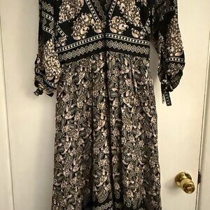 Bohemian Black Paisley Maxi Dress with Tie Sleeves